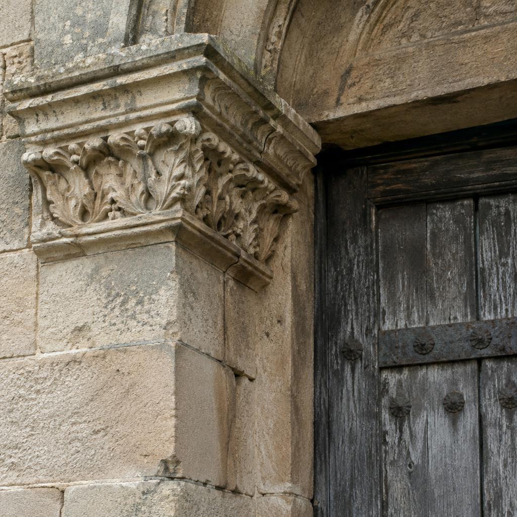 Carved stone capital beside a timber door