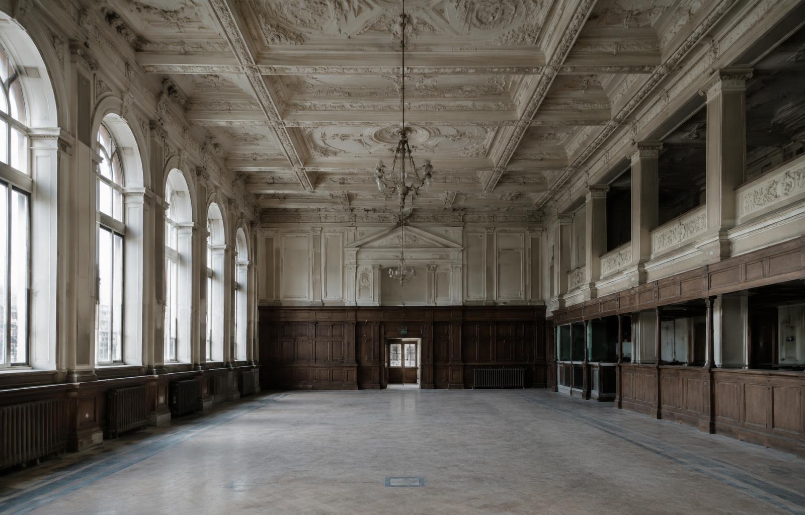 Former banking hall with ornate plaster ceiling